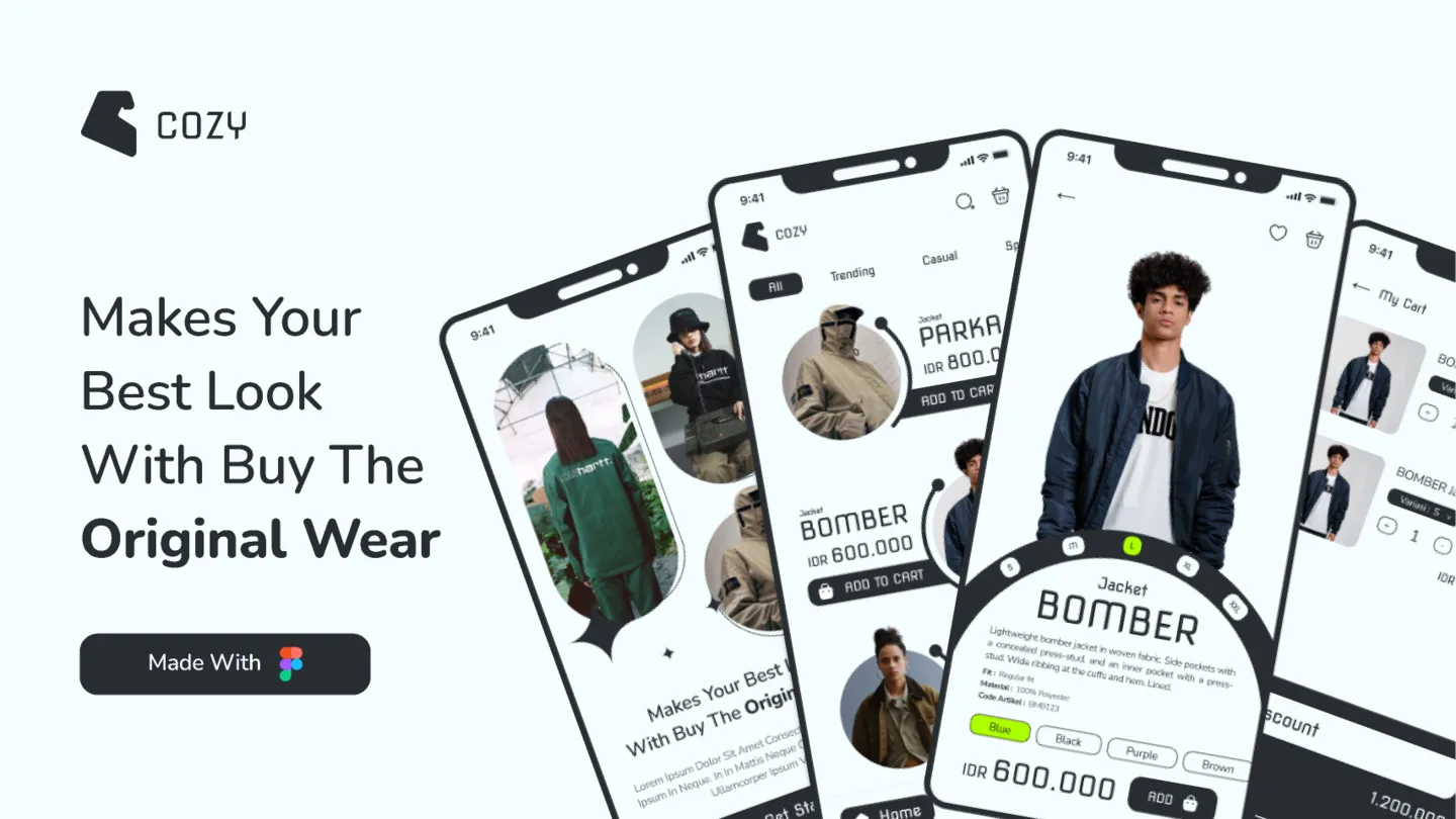 Cozy Fashion mobile app UI design screens
